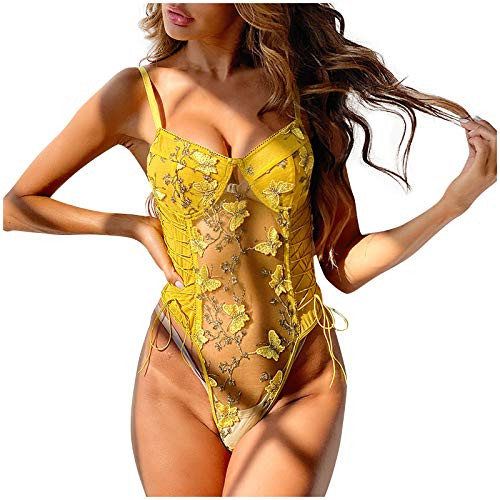 XINXX Lingerie See Through Lingerie V-Neck Floral Lace Babydoll Sexy Lingerie for Women One Piece Bodysuit?Yellow?L?