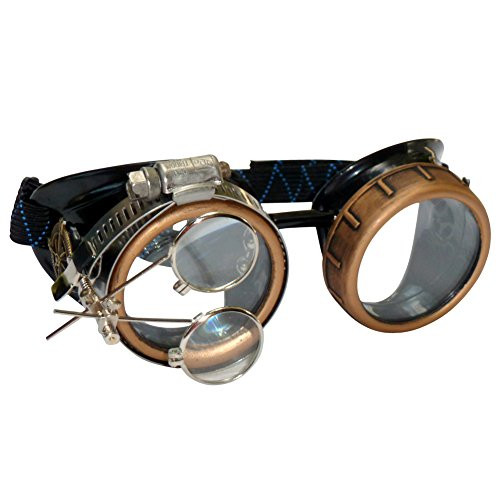 Steampunk Goggles Rave Glasses with Compass Design Handcrafted Victorian Style Double Ocular Loupe Gold-Clear