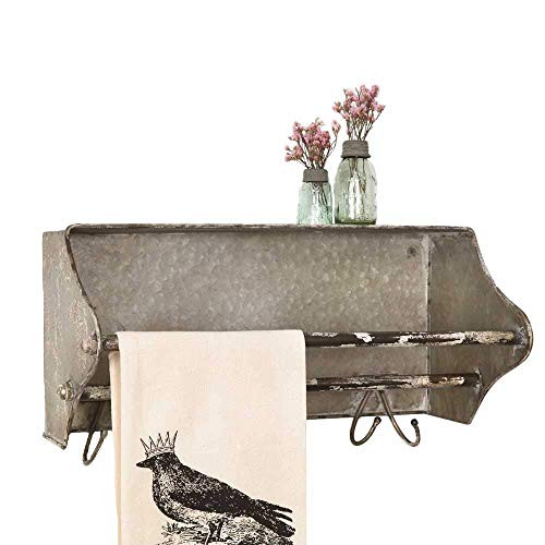 Colonial Tin Works Weathered Galvanized Metal Toolbox Wall Rack Towel Bar w/Hooks grey