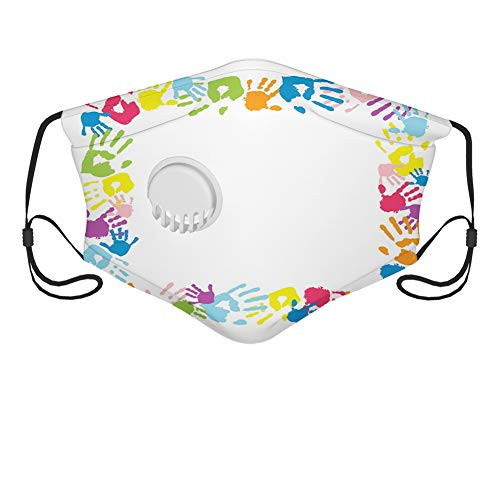 Windproof Activated carbon filter mask Happy Childhood Themed Frame with Handprints in Rainbow Colors Grunge DisplayPrinted Facial decorations for men women