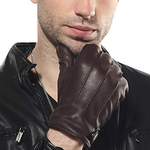 ELMA Mens Deerskin Leather Winter Driving Cashmere Lined Gloves -M Brown-