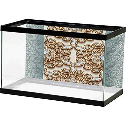 Diamond Aquarium Background Sticker Vintage Swirling Lines Ornament with Diamonds Over Damask Retro Style Boho Print Decals Sticker Tan Teal L30 X H12 Inch