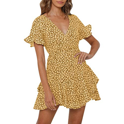 Women Bobo DressLadies Vintage Short Sleeve Dress V Neck Mini Dress Sexy Dress -Medium Yellow-