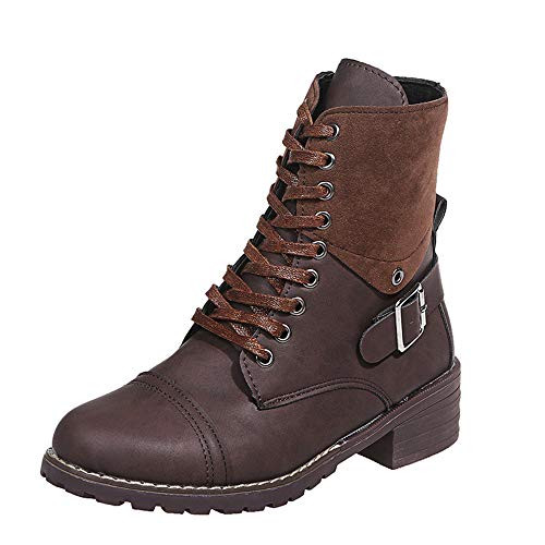 Dizadec Ankle Boots for Women Womens Combat Boots Winter Lace Up Low Heel Ankle Booties with Side Zipper Dark Brown