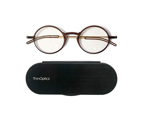 ThinOptics Round Frontpage Manhattan Reading Glasses  Plus Milano Aluminum Brown Frames/Silver Case 2.5 x