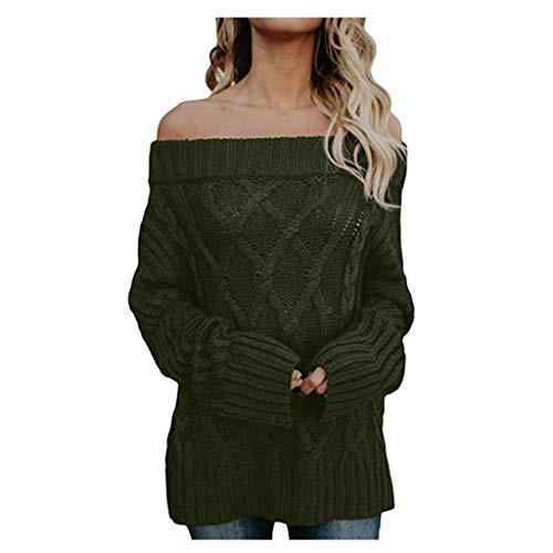 Goddessvan Womens Off Shoulder Knit Sweater Sexy Long Sleeve Pullover Jumper Tunic Tops Green