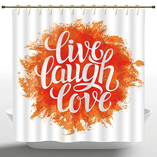 Ethnic Shower Curtain by iPrint,Live Laugh Love Decor,Hand Drawn Cheerful Brushstroke Background Motivation Phrase Print,Orange White,Fabric Bathroom Decor Set with Hooks,72 Inches