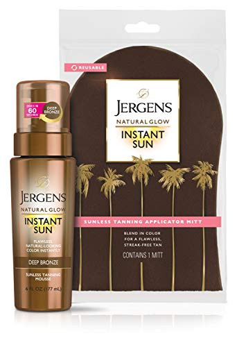 Jergens Natural Glow Instant Sun Body Mousse, Deep Bronze Tan, 6 Ounce Sunless Self-Tanner with Natural Glow Body Applicator Mitt, Flawless, Streak-free Tanning Blender Glove