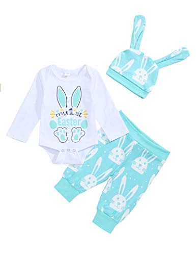 My 1st Easter Outfits Infant Baby Boy Girl Letter Print Romper Bunny Pants with Hat First Easter Clothing Sets