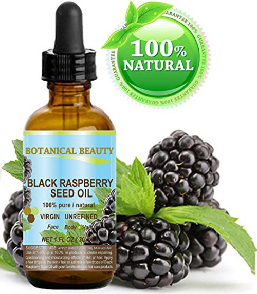 BLACK RASPBERRY SEED OIL. 100 percent Pure / Natural / Undiluted / Virgin / Unrefined / Cold Pressed Carrier oil. 1 Fl.oz.- 30 ml. For Skin, Hair, Lip and Nail Care. "One of the highest antioxidants, rich in vitamin A and E, Omega 3, 6 and 9 Essential Fatty