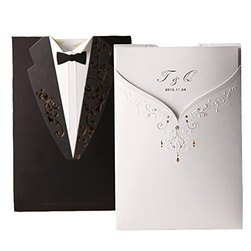 WISHMADE 1 Sample Blank Printable Laser Cut Wedding Invitations Black and White, Groom and Bridal Wedding Invites with Envelopes, for Engagement Bridal Shower