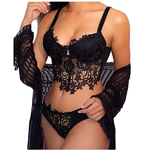 Sexy Lingerie for Women Lace Babydoll Bodysuit 2 Piece Sexy Bra and Panty Sets Black