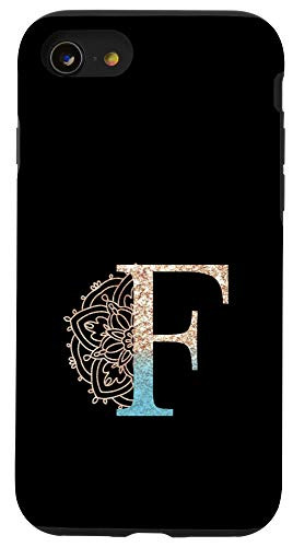 iPhone SE (2020) / 7 / 8 Teal Blue Mandala with Letter F Monogram Initial on Black Case