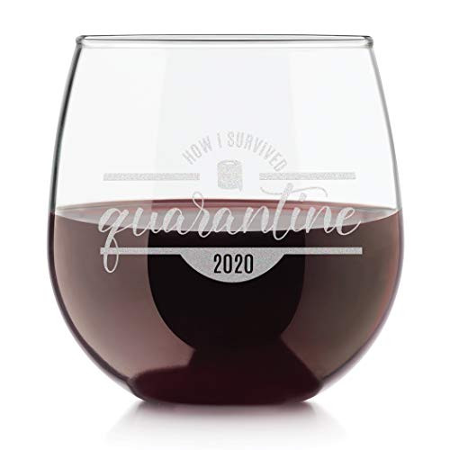 Quarantine Gift Etched Stemless Red Wine Glass  Corona Survival Drinking Tumbler / 16.75 fl oz