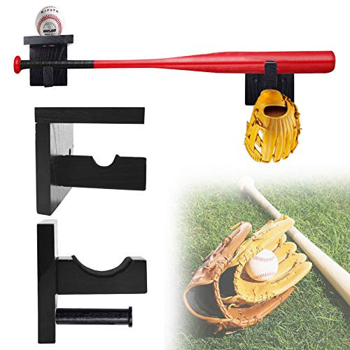 Upgrade Baseball Bat Wall Mount Display Case, 3-in-1 Solid Wood Baseball Bat Holder Horizontal Display Rack for Softball Hockey Stick, Handmade Wooden Baseball Softball Bat Rack Baseball Accessories