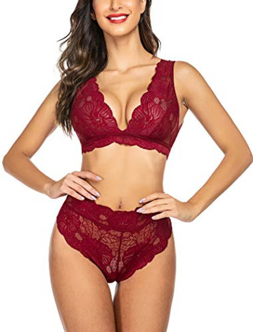 ADOME Sexy Lingerie for Women Lace Bra and Panty Set Babydoll Bodysuit 2 Piece Outfits S-XXL Wine Red ADOME Sexy Lingerie for Women Lace Bra and Panty Set Babydoll Bodysuit 2 Piece Outfits S-XXL Wine Red