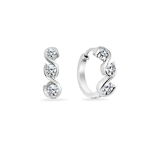 Sterling Silver Cubic Zirconia Round S Design Three-Stone Journey Small Huggie Hoop Earrings for Women Teens