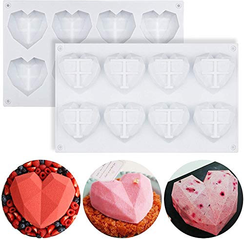 2 Pack Diamond Heart Love Shape Silicone Cake Mold, Silicone Cupcake Mold Oven Safe Chocolate Mousse Dessert Baking Pan, Bottom Balance Reinforcement