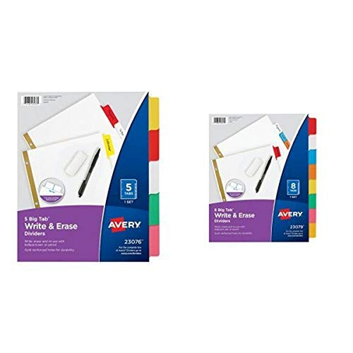 Avery Big Tab Write  and  Erase Dividers, 5 Multicolor Tabs, 1 Set (23076) and Avery Big Tab Write  and  Erase Dividers, 8 Multicolor Tabs, 1 Set (23079) Bundle