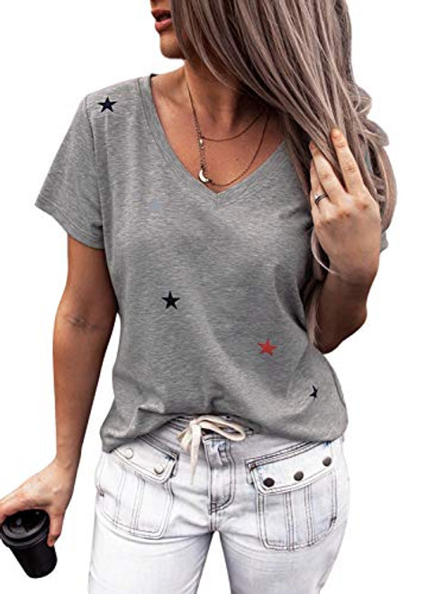 Dokotoo Womens Ladies Summer Fashion Star Print V Neck Short Sleeve T-Shirt Casual Loose Tunic Tops Blouses Tee Shirts Grey XL