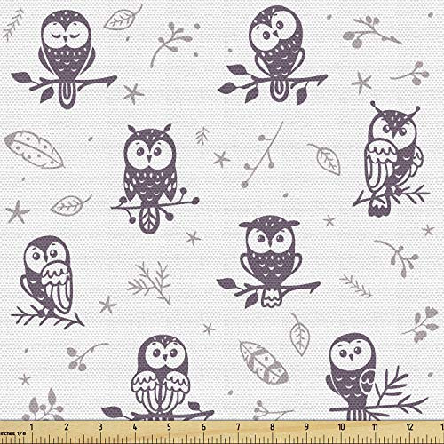 Lunarable Nursery Fabric by The Yard, Silhouette Owl Characters Funny Faces Tree Branches Nature, Decorative Fabric for Upholstery and Home Accents, 1 Yard, Eggplant