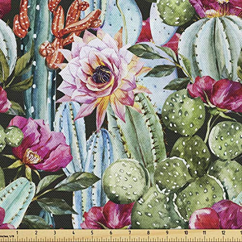Lunarable Succulent Fabric by The Yard, Vintage Design Cactus and Flowers Garden Art in Watercolor Style Tropical Fashion, Decorative Fabric for Upholstery and Home Accents, 1 Yard, Magenta Green