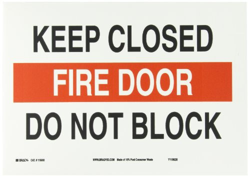 Brady 115933 14" Width x 10" Height B-586 Paper, Red And Black On White Color Sustainable Safety Sign, Legend "Keep Closed Fire Door Do Not Block"