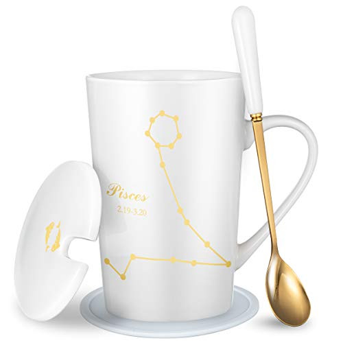 Fullcci-15oz Creative Constellation Pisces Coffee Mug With Spoon Lid Coaster Set Capacity Upgrade Tea Cup For Cocoa Water Milk Juice(Pisces-White)