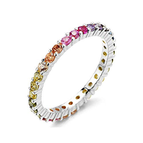 Women's 2mm Sterling Silver CZ Round Rainbow Pride Collection Eternity Ring