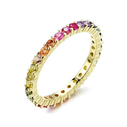 Women's 2mm Sterling Silver Gold Plated CZ Round Rainbow Pride Collection Eternity Ring
