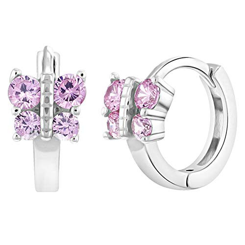 925 Sterling Silver Pink Cubic Zirconia Butterfly Huggie Hoop Earrings for Girls, Hoop Earrings for Toddlers, Pre-Teens  and  Teens- Pretty Pink Butterfly Earrings for Girls