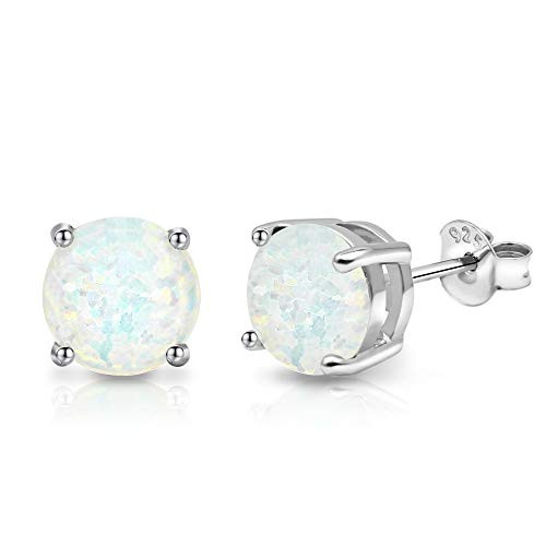 Spoil Cupid Rhodium Plated 925 Sterling Silver Round Shape White Opal Stud Earrings for Women