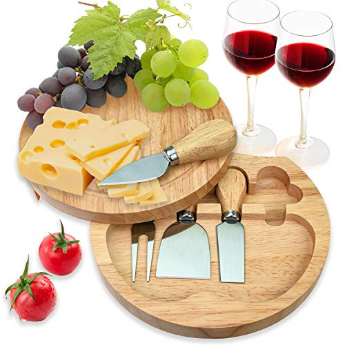 Bamboo Cheese Cutting Board, Natural Cheese Board and Knife Set - Wooden Cheese Serving Tray and Serving Platter for Charcuterie Meat, Fruit  and  Crackers - Slide Out Drawer with 4 Stainless Steel Knives