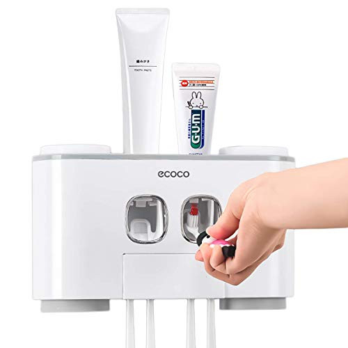 Kingrol Toothbrush Holder Multifunctional Wall Mounted Adhesive Toothbrush and Toothpaste Organizer Set for Adults  and  Kids, 5 Toothbrush Slots, 2 Automatic Toothpaste Dispenser and 4 Cups