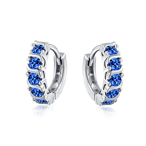 Blue Wave Round Cubic Zirconia CZ Small Kpop Huggie Hoop Earrings For Women For Men Simulated Sapphire Sterling Silver