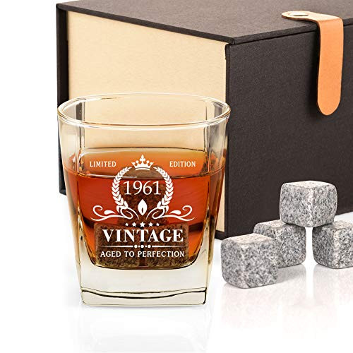 60th Birthday Gifts for Men, Vintage 1961 Whiskey Glass and Stones Funny 60 Birthday Gift for Dad Husband Brother, 60th Anniversary Present Ideas for Him, 60 Year Old Bday Decorations 12OZ