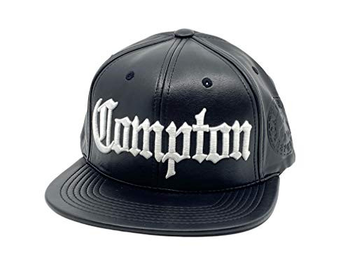 Compton Snapback Hat PU Leather Flat Brim California Republic Bear Classic Shape Baseball Cap Adjustable Black Snap Closure