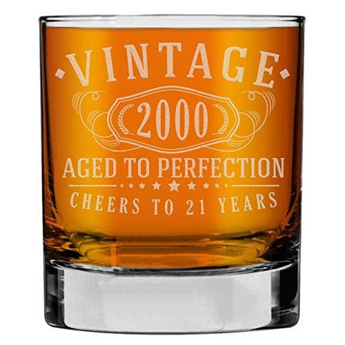 Vintage 2000 Etched 10.25oz Whiskey Rocks Glass - 21st Birthday Aged to Perfection - 21 years old gifts Bourbon Scotch Lowball Old Fashioned Vintage 2000 Etched 10.25oz Whiskey Rocks Glass - 21st Birthday Aged to Perfection - 21 years old gifts Bourbon Scotch Lowball Old Fashioned