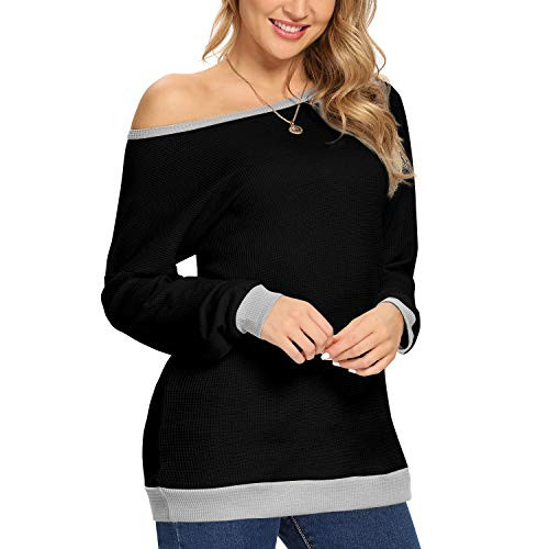 Women Casual Waffle Knit Tunic Blouse Round Neck Long Sleeve Tshirt Pullover Top Black