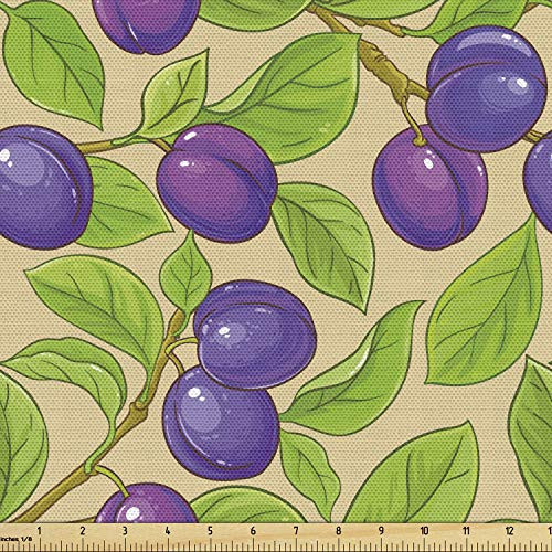 Lunarable Branches Fabric by The Yard, Repetitive Blue Violet Plums and Leaves Summer Fruit Fresh Garden Art, Decorative Fabric for Upholstery and Home Accents, 1 Yard, Ecru Multicolor
