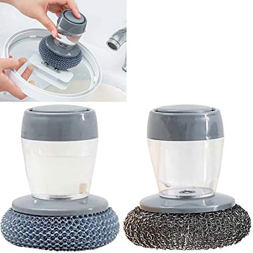 2Pcs Kitchen Soap Dispensing Palm Brush, 2 IN 1 Soap Dispensing Palm Brush, Multifunctional Cleaning Brush with-Detergent for Dish Pot Pan Sink Cleaning (PETPlusSteel Wire)