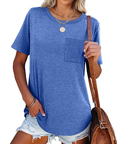 NSQTBA Round Neck T Shirts for Women Summer Tunic Tops Short Sleeve Casual Tshirts Comfy Blue M