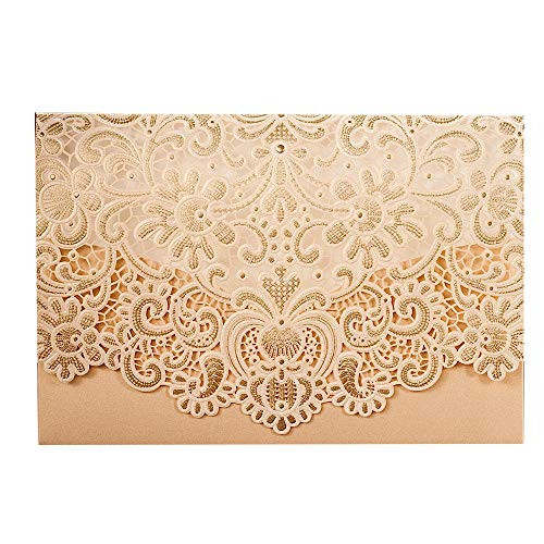 1 Piece WISHMADE Gold Laser Cut Wedding Invites with envelopes, Blank Printable Bridal Shower Invitation Pocket Card Stock, for Engagement wedding anniversary