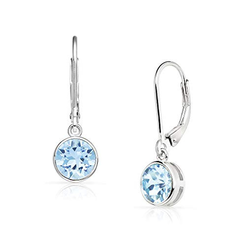 SolidSilver - Sterling Silver 7mm Round Solitaire Dangle Leverback Earrings Made with Genuine Swarovski Crystal - Light Sapphire