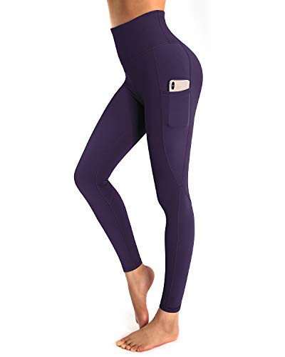 OUGES Womens High Waist Yoga Pants with Pockets Workout Running Leggings(Dark Purple,S)