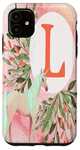 iPhone 11 Unicorn Flowers Monogram Initial Letter L Pink Gradient Case