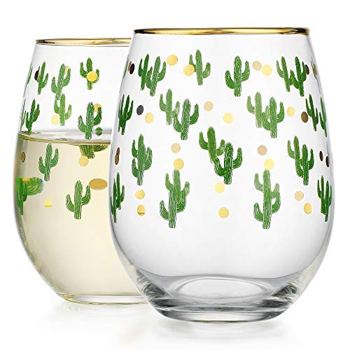 Elegant Home Personalized Gift Set of Two 19 Oz. Stemless Wine Glass - unique Novelty - Gag Gift. (Cactus)