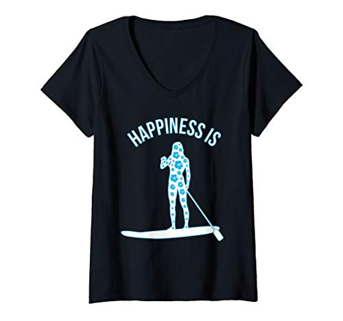 Womens Women's SUP Stand Up Paddle Board Surf Lake - Happiness Is V-Neck T-Shirt