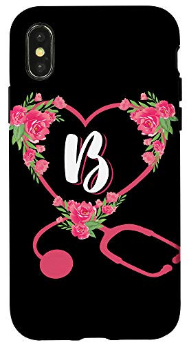 iPhone X/XS Nursery Rose Heart Stethoscope Floral B Nurse Initial Letter Case