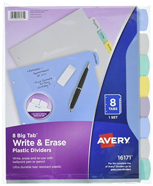 Avery 8-Tab Plastic Binder Dividers, Write & Erase Multicolor Big Tabs, 1 Set (16171)